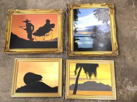 JA Harmer, four signed and framed oils on board - a tropical island sunrise, a rickshaw at sunset,