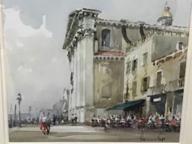 Dennis Page, watercolour, Venetian view with the Gesuati church and a pavement café, titled to verso