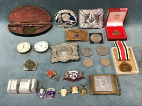 Miscellaneous collectors items - a cased Georgian brass coin scale, a police long service medal,