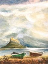 J Edwin Wood, oil on board, coastal view with boats in foreground, titled to verso Lindisfarne,