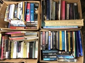 Four boxes of miscellaneous books - reference, biographies, theology, history, novels, antiques &