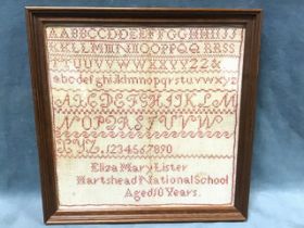 A Victorian alphabet sampler worked in cross-stitch by Eliza Mary Lister aged 10, at Hartshead