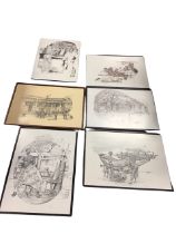 A set of six monochrome African prints depicting genre domestic scenes, the plates all signed and