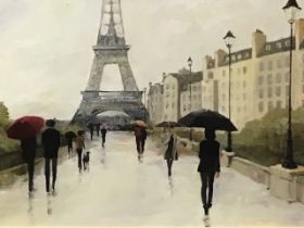 Avery Tillman, colour print, Parisian street scene with figures, titled Eiffel in the Rain to verso,