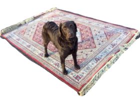 An oriental style rug woven with field of floral hexagonal lozenges framed by ivory frieze with