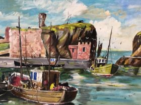 W Marr, oil on board, Dunbar harbour scene with figures, fishing boats & gulls, signed and gilt