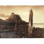 John Williams, sepia etching, coastal study of Lindisfarne, signed, numbered and titled on margin in