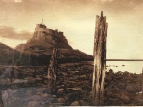 John Williams, sepia etching, coastal study of Lindisfarne, signed, numbered and titled on margin in