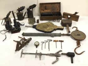 Miscellaneous tools - blow torches, oil cans, bellows, a mallet, planes, a boxed Holborn initial