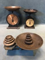 A set of cast iron scales with copper bowl and Salters dial; a painted set of cast iron scales