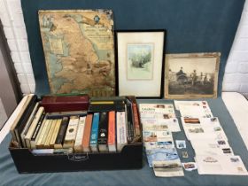 A box of books - history, art, novels, cooking, etc.; an RAC promotional map of England, Wales &