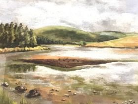 AA Awlson, pastel, a hilly loch landscape with woods, titled Alesmoor Nr Hawick on label verso,