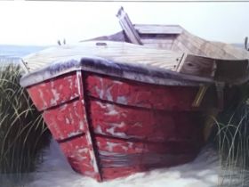 Karl Soderland, colour print, boat beached in the dunes, titled Red Boat to verso, signed in the