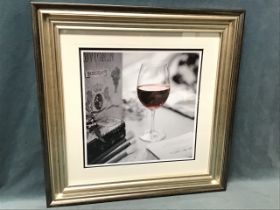 Alan Blaustein, colour photographic print, still life with glass of red wine, etc. titled Vin
