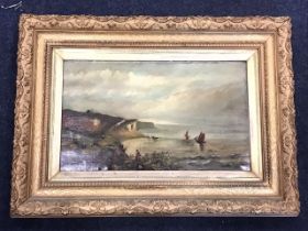 J Jirk, oil on canvas, coastal scene with fishing boats and figures waving from the cliffs,