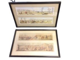 A set of four C19th handcoloured panoramic foxhunting engravings, showing various dramatic and