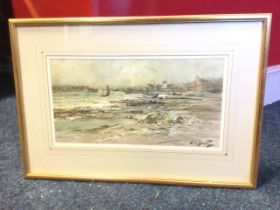 Thomas Swift Hutton, watercolour, Tyne river landscape, a brig aground on the Black Middens at the