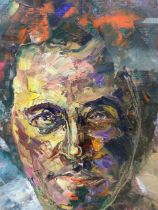 Contemporary oil on board, impressionistic heavy impasto head portrait, indistinctly signed, mounted