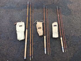A near pair of Sharpe of Aberdeen three-piece split cane trout rods - one looks unused; and a