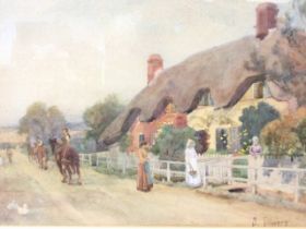 S Towers, C20th watercolour, village street scene with figures, thatched cottages and horses,