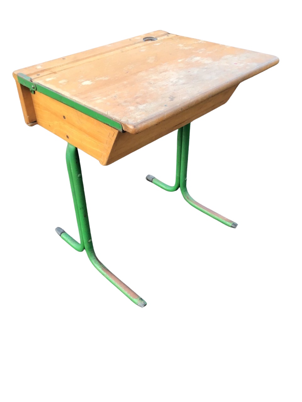 A beech school desk with hinged rectangular top, pen groove and inkwell raised on painted tubular