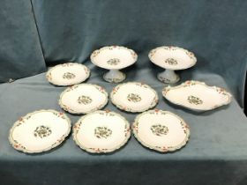 A Limoges porcelain six-piece dessert sevice with pair of comports, an oval serving dish and five