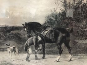 Heywood Hardy, nineteenth century etching by A Gravier, dismounted rider & dog checking his shoe,