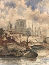 Victorian watercolour, figures unloading boats by bridge with cathedral in background, signed JSS