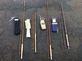 Three handmade split cane trout fishing rods - a three-piece by JS Walker Bamfton & Co, a two-