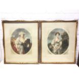 Early C20th coloured mezzotints, a pair, oval three-quarter length studies of young ladies, signed