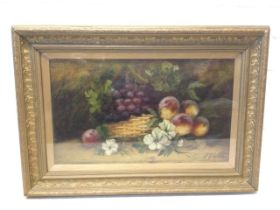 E Chester, oil on board, Victorian still life with fruit, flowers and basket of grapes, signed, in