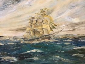 AE Cooke, oil on board, a clipper ship running before the wind, signed, dated 66 & gilt framed. (