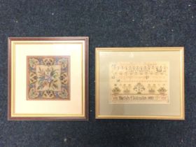 A needlework alphabet sampler dated 1833 by Sarah Flaxman, with flower, fruit basket and crown