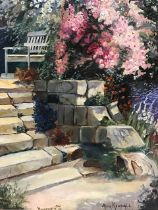 Mila Kendall, oil on board, floral garden scene with stone steps, signed and dated Bukarest 1941,