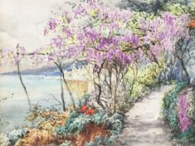 W Caparn, late C19th watercolour, coastal view with path, signed, labelled verso Wisteria Mentone,