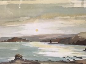 Len Hubbard, watercolour, coastal sunset view with figures in foreground, signed & dated,