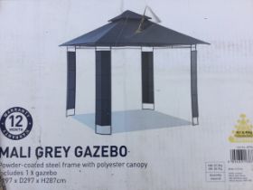 A boxed and unused Homebase Mali grey gazebo, with powder coated steel frame and polyester