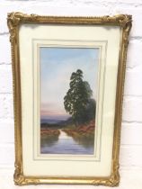 C19th watercolour, river landscape with trees and birds, signed in pencil indistinctly, mounted &