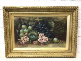 C Chester, oil on board, Victorian still life with birds nest, fruit & flowers, signed, in gilt