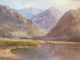 F Slade? watercolour, highland landscape, signed indistinctly, mounted & gilt framed. (9.25in x