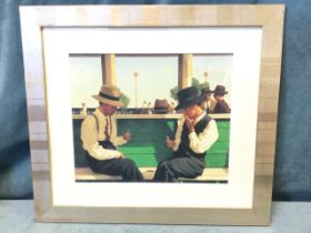 Jack Vettriano, lithographic coloured print, card players on bench in pavilion, signed in print,