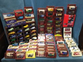 A collection of die cast model cars, lorries, buses - mainly boxed including Matchbox, Lledo, Models