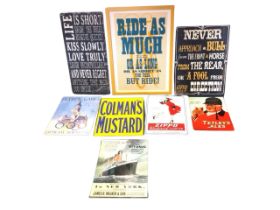 Five reproduction enamel advertising signs - Titanic, the 1948 Olympics, Colmans Mustard, Tetleys