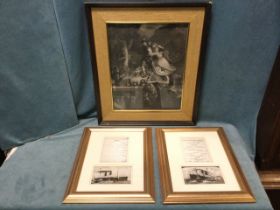 A Victorian monochrome contemporary framed Scottish print after a Scott fable; and a pair of gilt