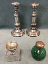 A Victorian green cut glass scent bottle & stopper with hallmarked silver cover; a pair of