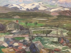 Lars Jorde, oil on board, Norwegian landscape with bridge over stream and building, titled Foksaacii