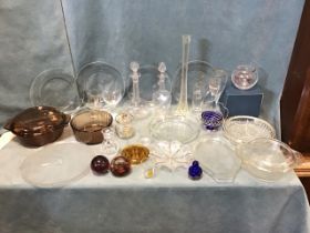 Miscellaneous glass - two Victorian stoppered decanters, drinking glasses, a crystal jug, a rose