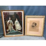 A 1911 framed coloured print of George V & Queen Mary, gilt framed; and an Edwardian photograph of a