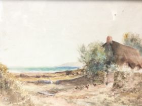 W Hoyer?, C20th watercolour, coastal view with thatched cottage, figures & chickens, signed