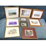 Nine framed pictures - two Cash embroideries, photographs, some signed, a pair, a nineteenth century